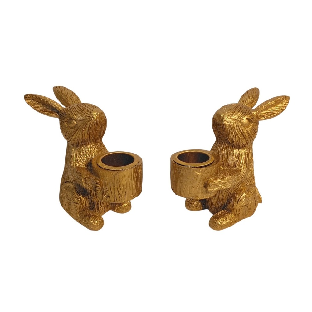 Easter Bunny Avon Gold‎ Gilded Rabbit Taper Candle Holders SET OF 2 Cottagecore